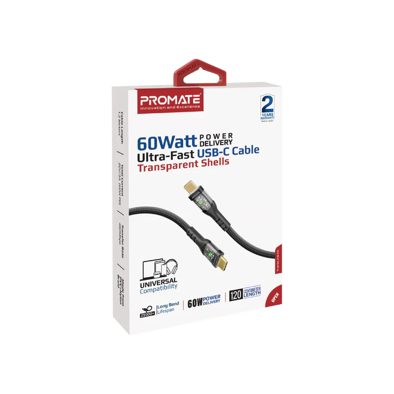 Promate TransLine-CC USB-C to USB-C Cable 60W Power Delivery Transparent Shells 120cm Nylon Braided Cord - Black Promate TransLine-CC USB-C to USB-C Cable 60W Power Delivery Transparent Shells 120cm Nylon Braided Cord - Black